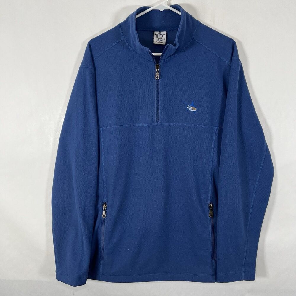 Guy Harvey 1/4 Zip Pullover Sweater Mens Size Large Blue Embroidered Marlin